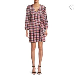 FRNCH Paris Brown and Cream wrap Sheath Dress with V neck plaid tartan Saks 5th